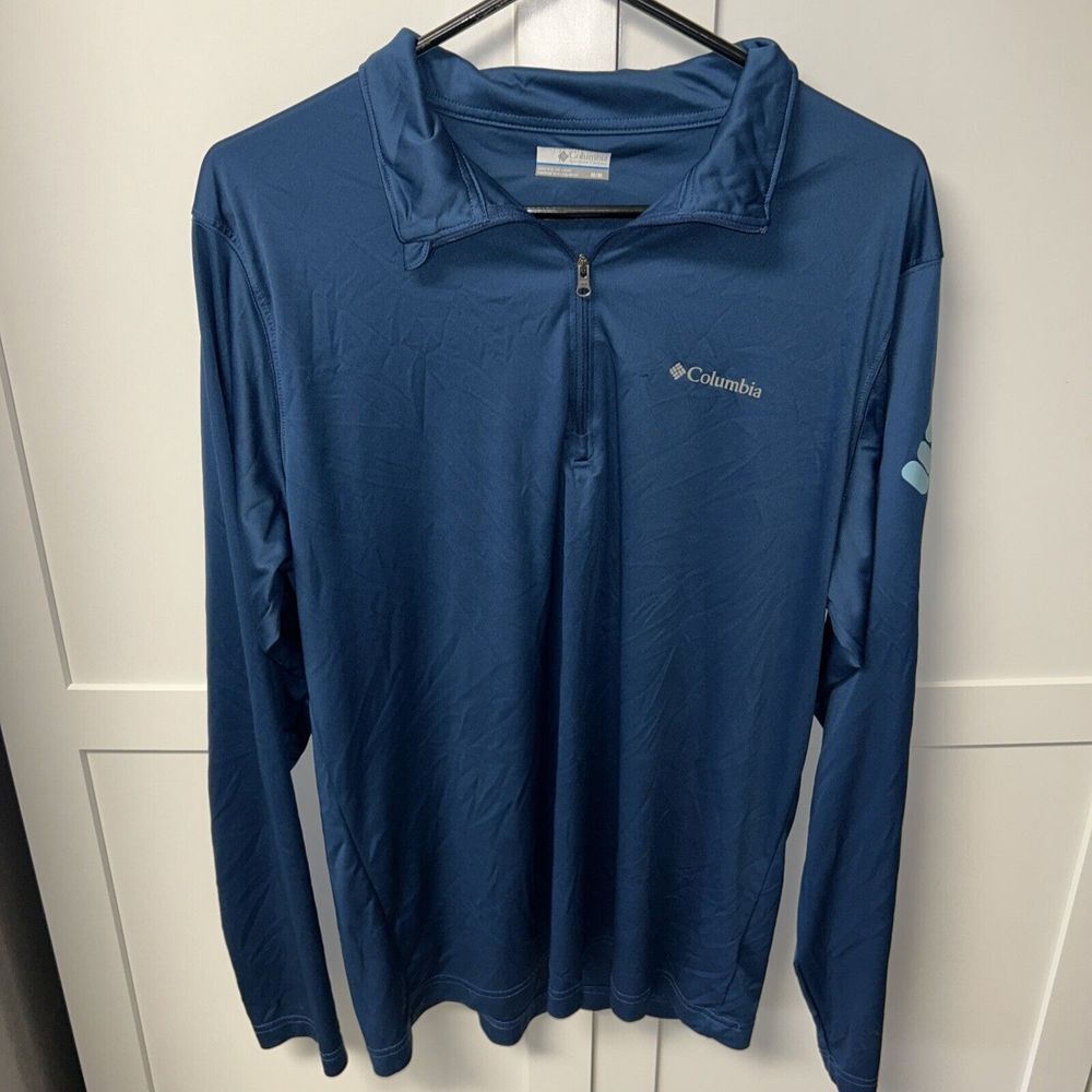 Columbia Mens Medium M Blue Quarter Zip Thin Pullover Active Sports Fishing Long